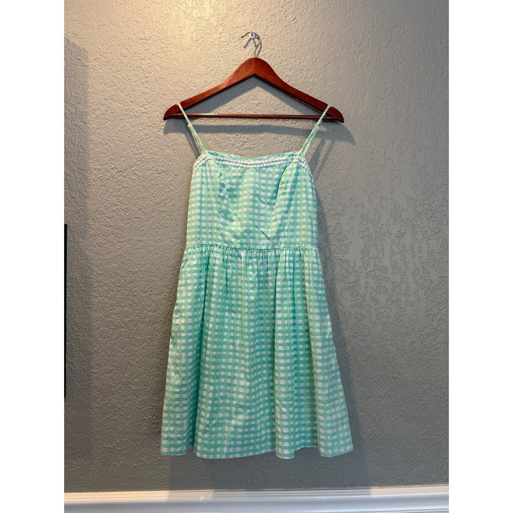 Lilly Pulitzer Gingham Fit & Flare Dress Green Blue Eyelet Bow Back Pockets 4